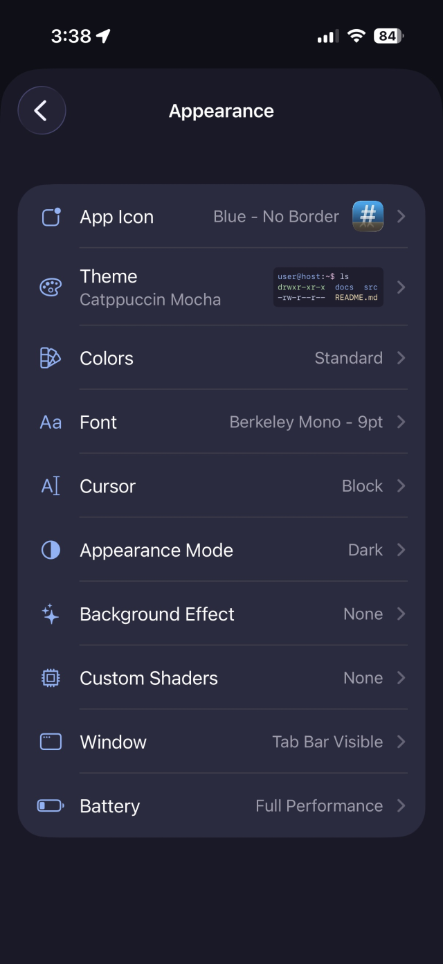 rootshell appearance settings on iPhone showing theme, font, and cursor options