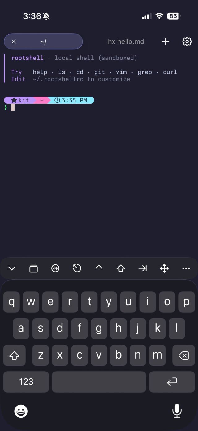 rootshell local shell on iPhone with a terminal accessory row above the keyboard