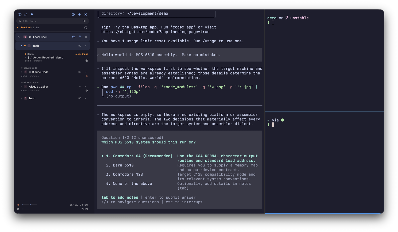 rootshell on macOS with a session split into three panes alongside the tab sidebar