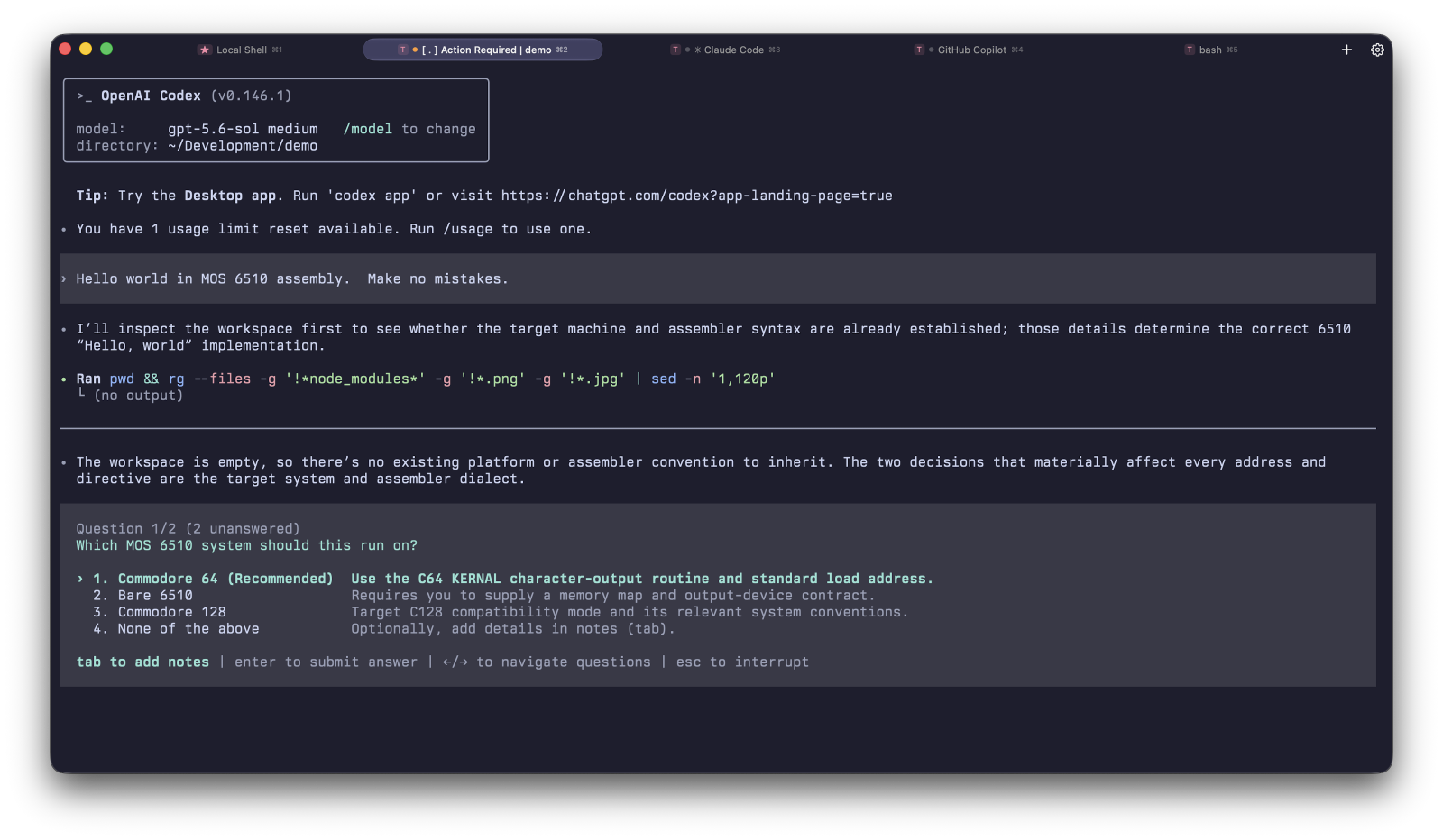 rootshell on macOS with horizontal tabs across the top of the window