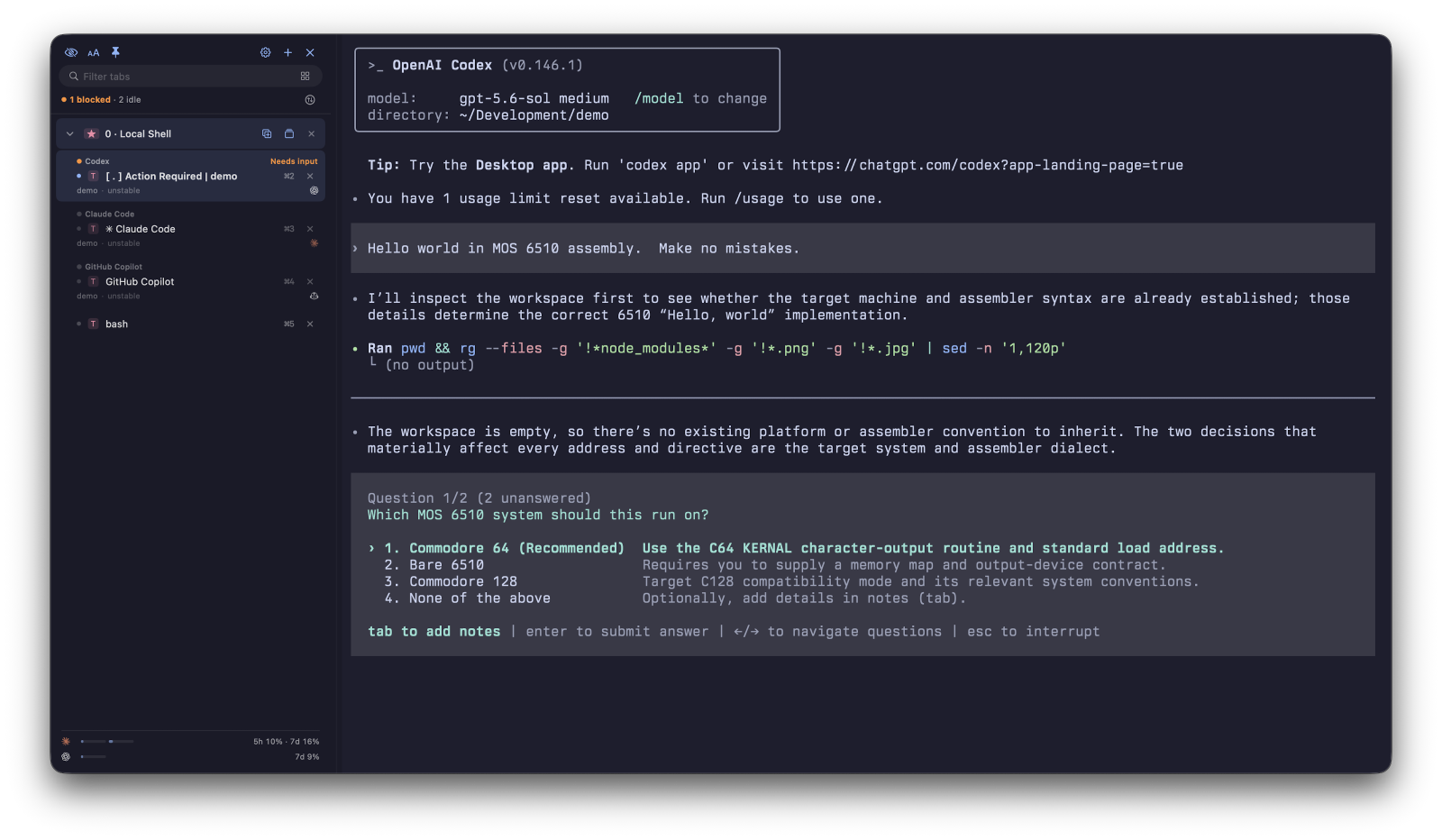 rootshell on macOS with the vertical tab sidebar pinned beside the terminal